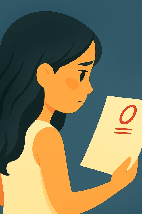 横顔の女性が、右手に持った零点のテスト用紙をじっと見つめている。背景は深いブルーで、内省的な雰囲気が漂っている。