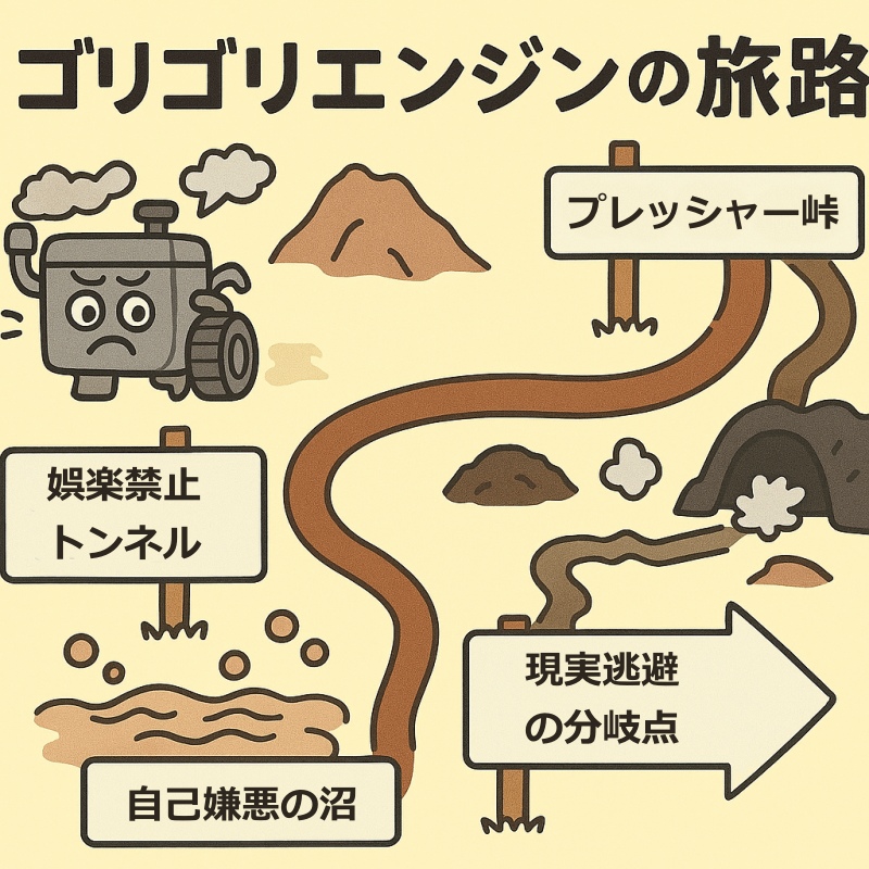 「ゴリゴリエンジンの旅路」というタイトルのイラストマップ。眉間にシワを寄せた灰色のエンジンが、プレッシャー峠、娯楽禁止トンネル、自己嫌悪の沼、現実逃避の分岐点を通るどんよりルートを進んでいる。背景はベージュで、看板や地形が茶色の線で描かれており、重たい気分の旅路をユーモラスに表現している。
