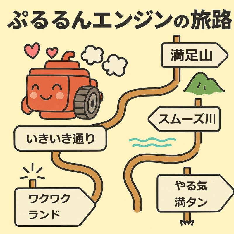 「ぷるるんエンジンの旅路」というタイトルのイラストマップ。笑顔の赤いエンジンが、ワクワクランドに向けて、いきいき通り、スムーズ川、満足山を軽やかに進んでいる。背景は明るいベージュで、道はオレンジ色。ハートが浮かぶエンジンが、快ベースの気分で自然に行動する様子を楽しく描いている。