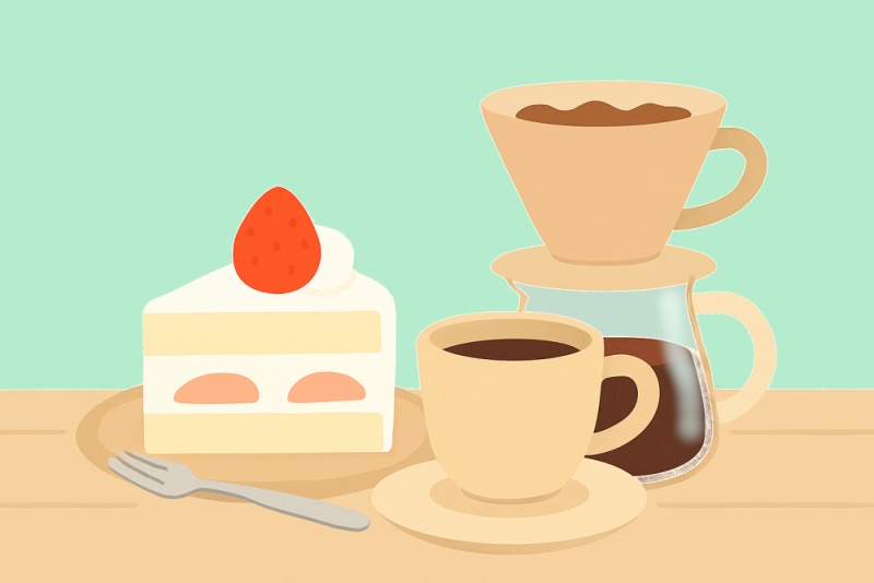 木のテーブルの上に、いちごのショートケーキがのった皿、つコーヒーカップ、そしてコーヒーサーバーが並んでいる。全体的に落ち着いたトーンのイラスト。