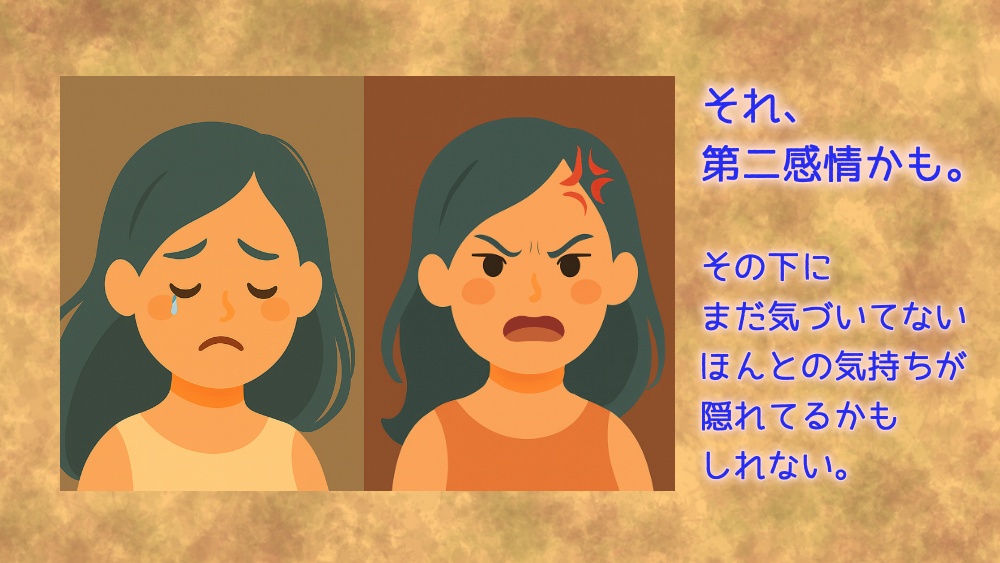 今感じている感情は、第二感情かもしれない。本当の気持ちに気づくための感情の層を描いたイラスト